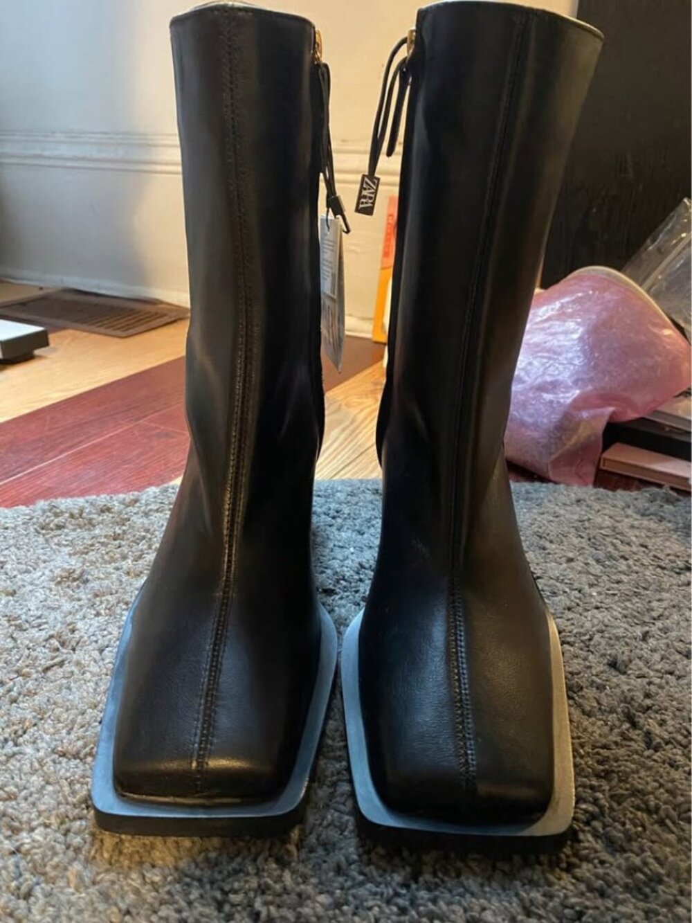Zara Real Leather Mid Boots with Square Toe (Size 37/6.5 US)
